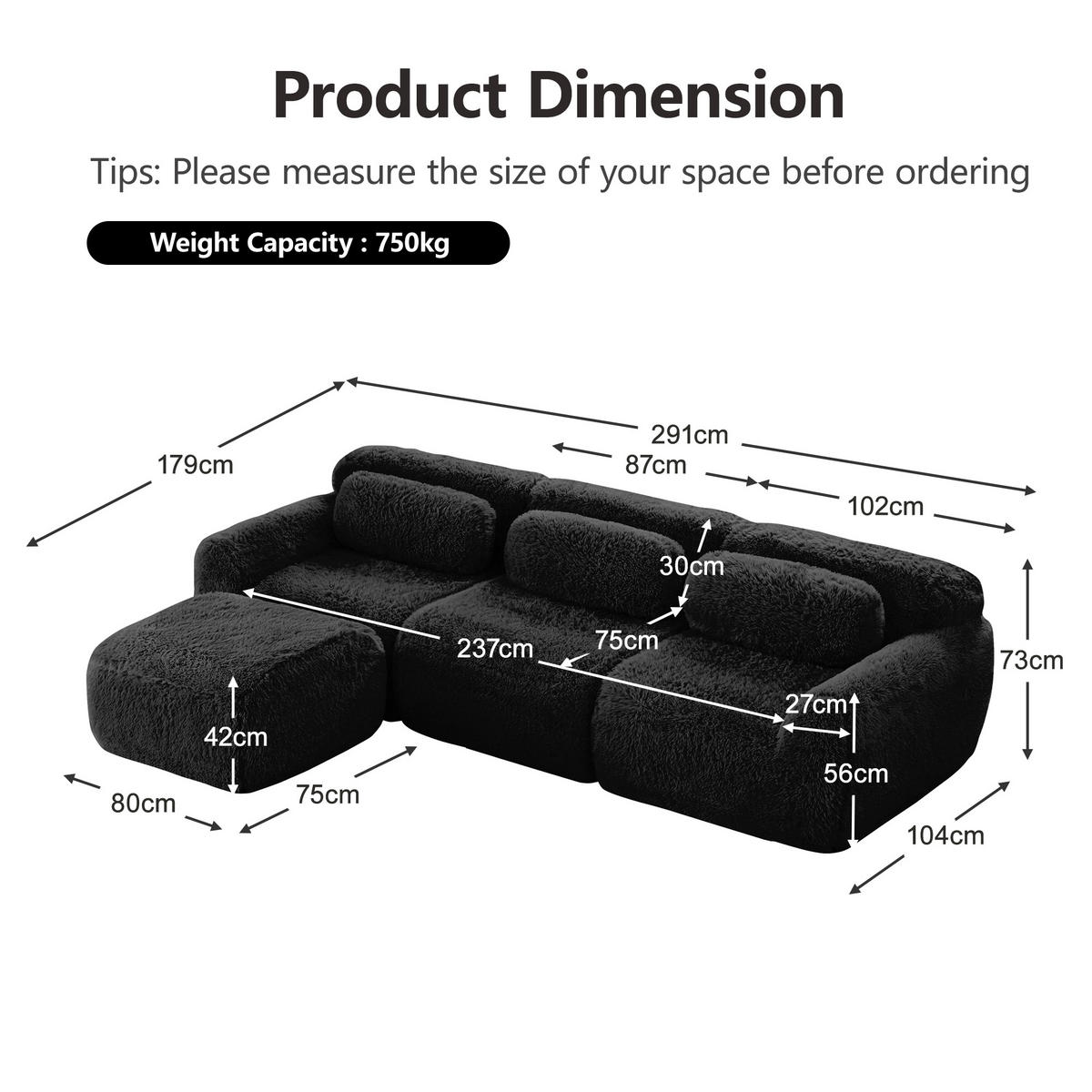 3-SITZER Sofa 291x179x73 cm aus Plüschstoff rahmenlos modular mit Ottoman, schwarz - Schwarz, Textil (179/73/291cm)