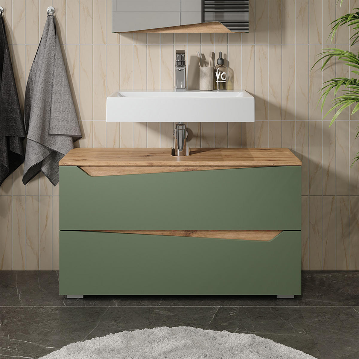 WASCHBECKENUNTERSCHRANK Marelle, Grün/Artisan-Eiche, 100 x 57.5 cm mit 2 Schubladen - Eiche Artisan/Grün, Holzwerkstoff (100/57.5/35cm) - Vicco