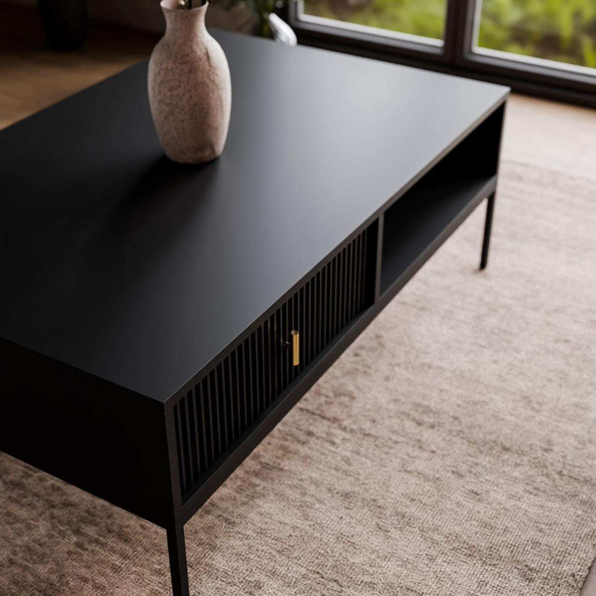 COUCHTISCH MIDNIGHT mit Schublade auf Gestell schwarz - Schwarz, Holzwerkstoff (68/104/39cm) - Lookway