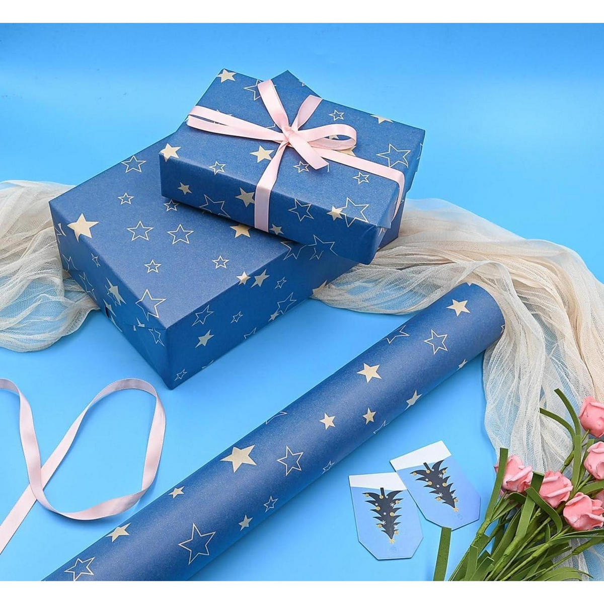GESCHENKPAPIERROLLE 43 cm x 15 m Stern-Design Blau - Blau, Papier (43/1/1500cm)