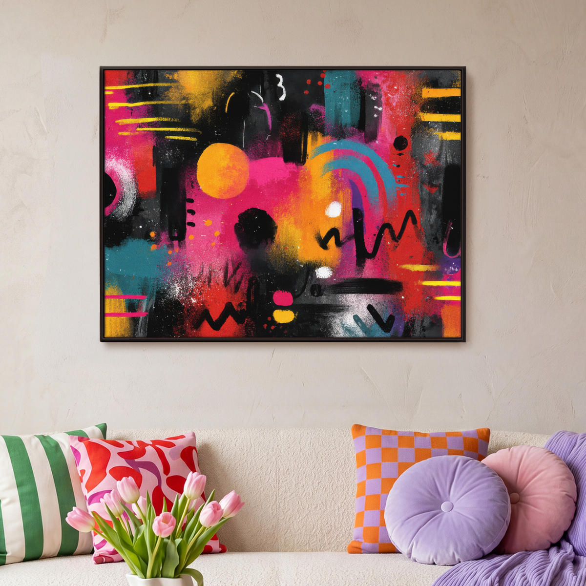 LEINWAND Bilder mit Rahmen - Farbflächen - Formen - Bunt - Abstrakt - 100x70 - Pink, Textil (100/70cm) - MuchoWow