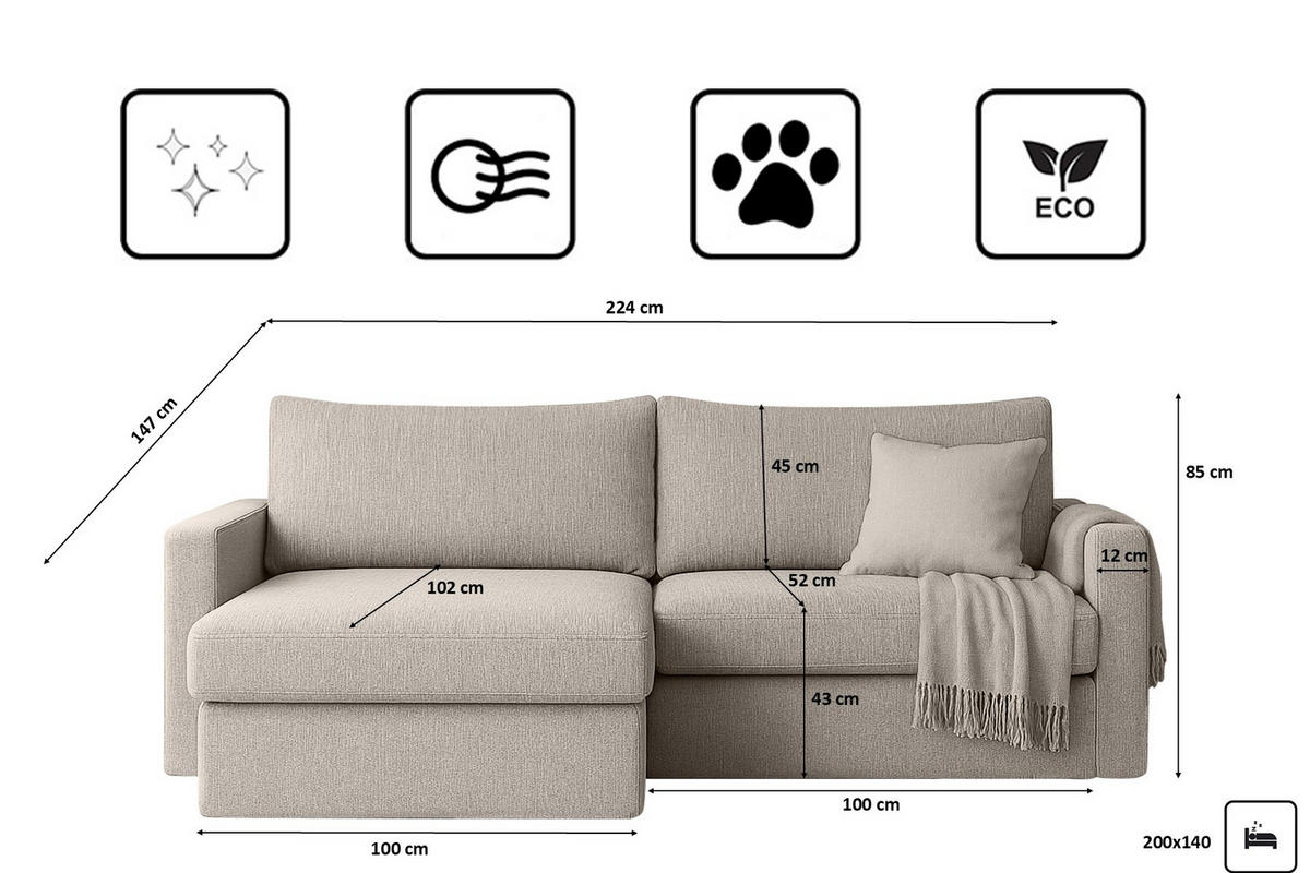 ECKSOFA Mit Schlaffunktion Und Bettzeugablage LUBEKA Stoff Faro Hellgrau Links - Hellgrau, Holz (140/147cm) - Kaiser Möbel