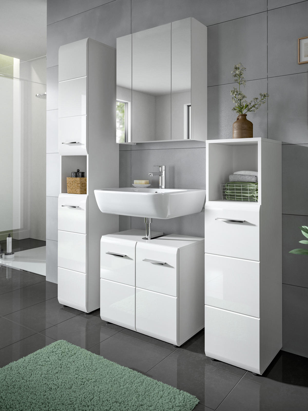 BADKOMMODE weiß Hochglanz, Badezimmer Kommode 30 cm - Weiß Hochglanz/Silberfarben, Holzwerkstoff/Kunststoff (30/110/30cm) - Inn.Furn