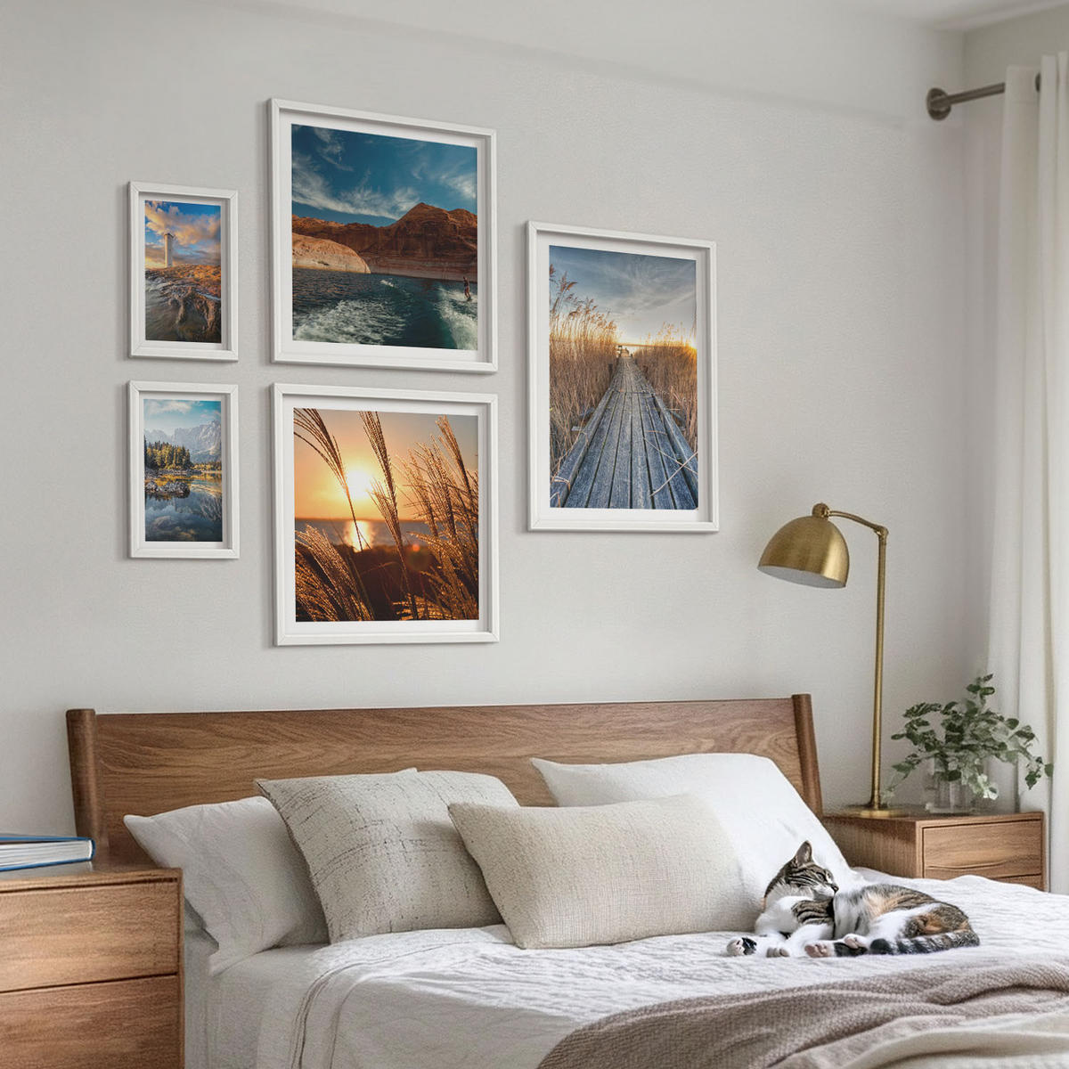 BILDER SET 5er Set - 50x50 cm & 20x30 cm & 40x60 cm Weißer Rahmen - Leuchtturm-Grassteg - Weiß, Kunststoff (40/60cm) - TULUP