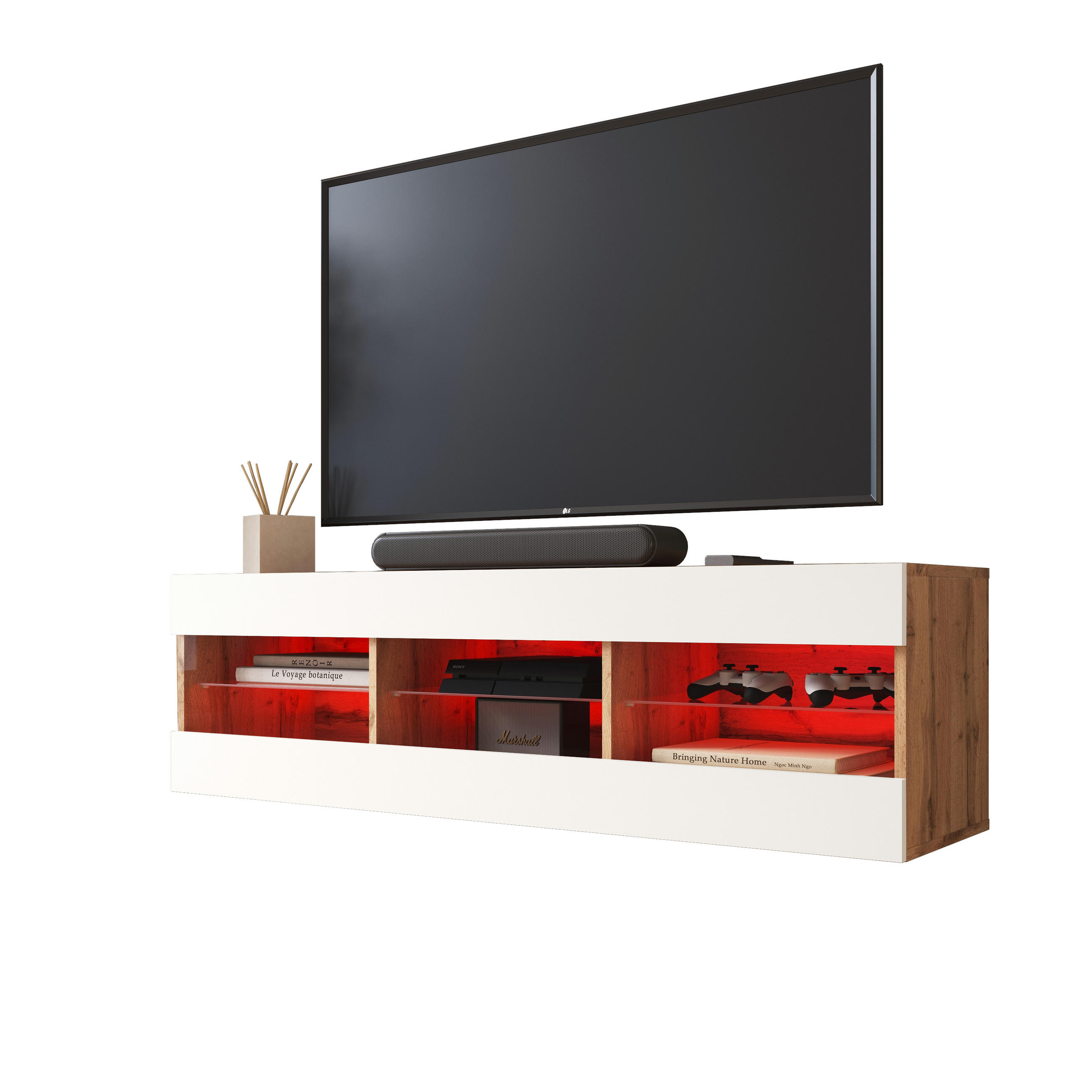 LOWBOARD TIVOLI RTV 140, Weiss, LED Mehrfarbige - Eiche Wotan/Weiß, Glas/Holzwerkstoff (140/40.5/35.5cm) - Komodee