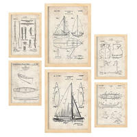 POSTER Set Mit 6 Plakaten Mit Boot Patenten Im Vintage Stil A3 & A4 Rahmen Aus Hellem Holz - Beige, Papier (29/3cm) - Nacnic