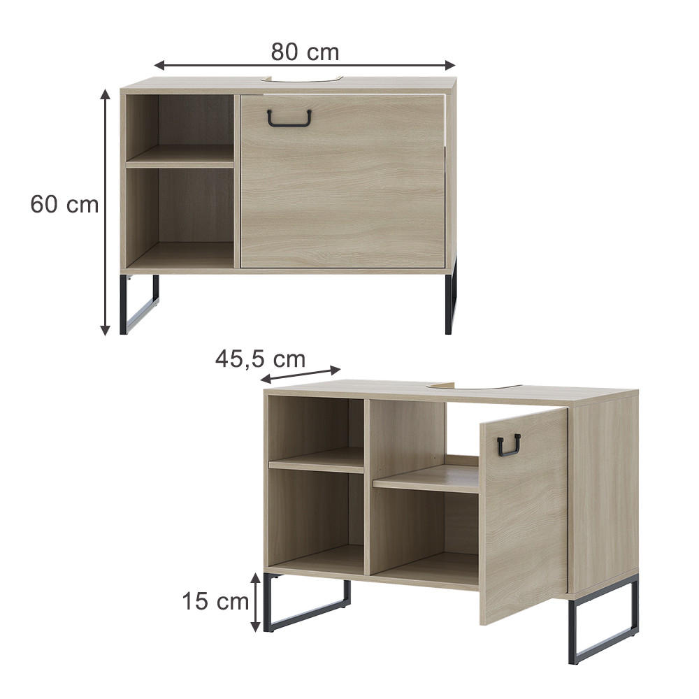 WASCHBECKENUNTERSCHRANK Vionna Eiche/Schwarz 80 x 60 cm mit 2 offenen Fächern - Eichefarben/Schwarz, Holzwerkstoff (80/60/45.5cm) - Vicco