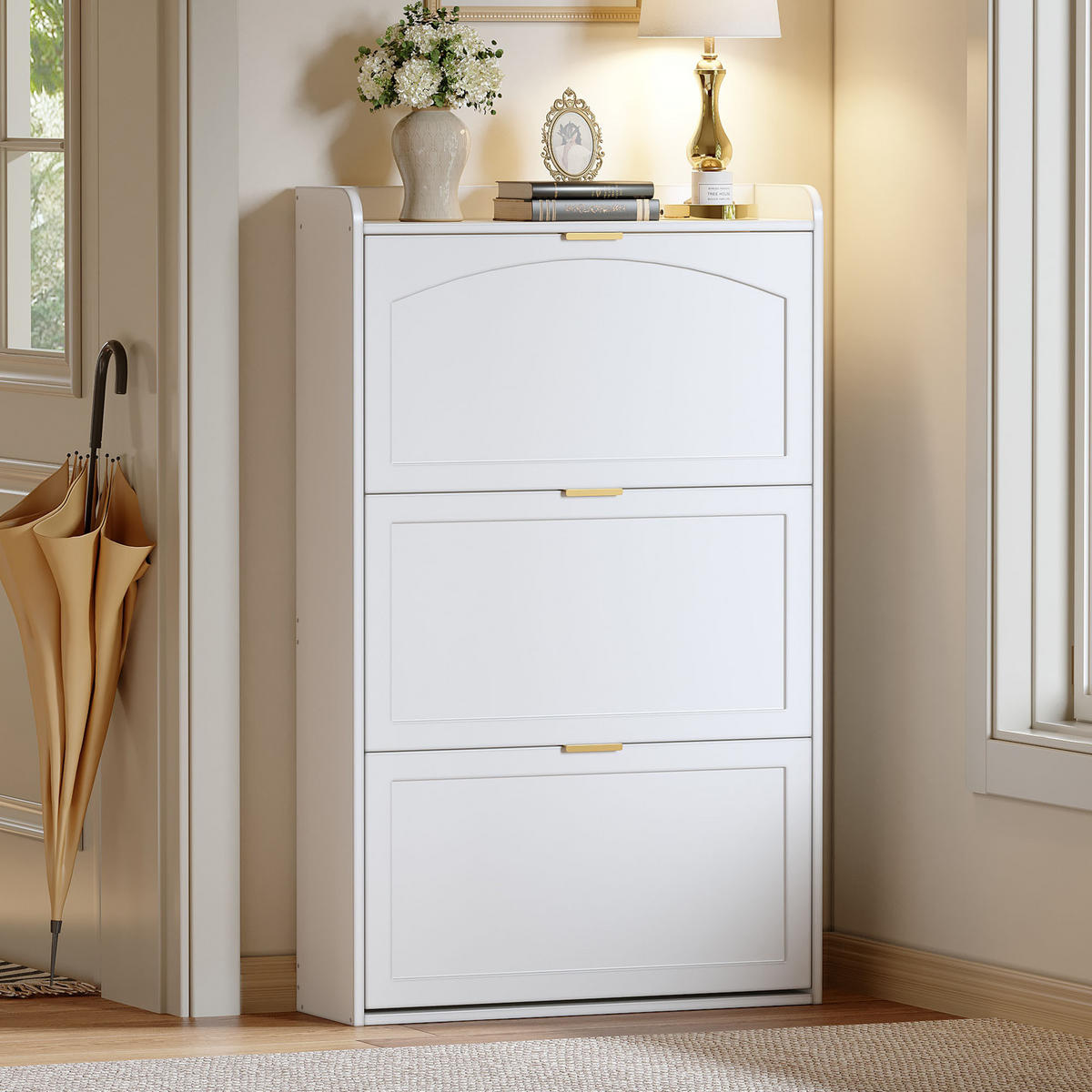 SCHUHSCHRANK Schmal 3 Klappen Weiß 76x23x118cm - Weiß, Holzwerkstoff (23/118/76cm) - FLIEKS