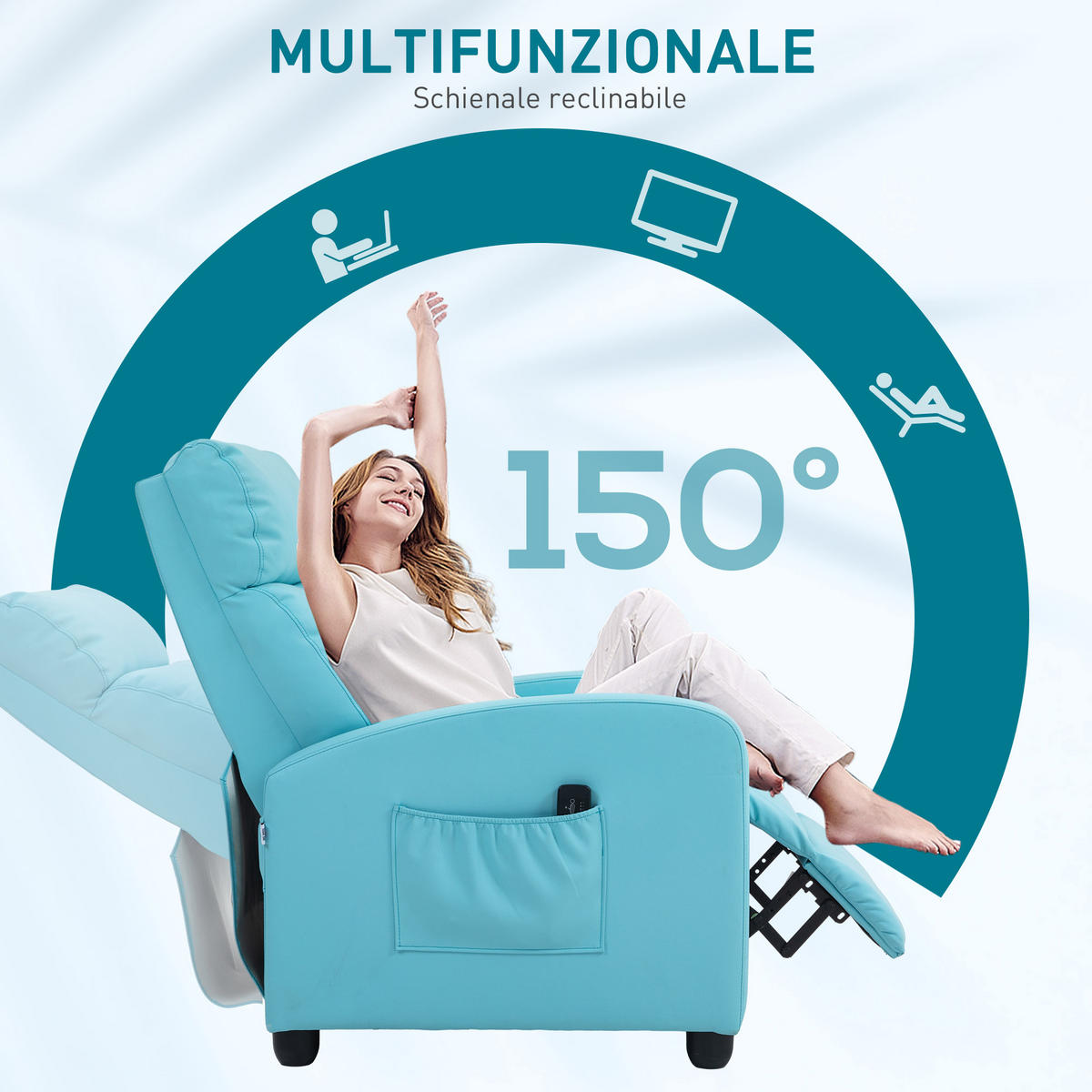 MASSAGESESSEL,8 Programme Fernbedienung Liegefunktion Fußstütze,blau - Blau, Leder (88/98/68cm) - Vallsero
