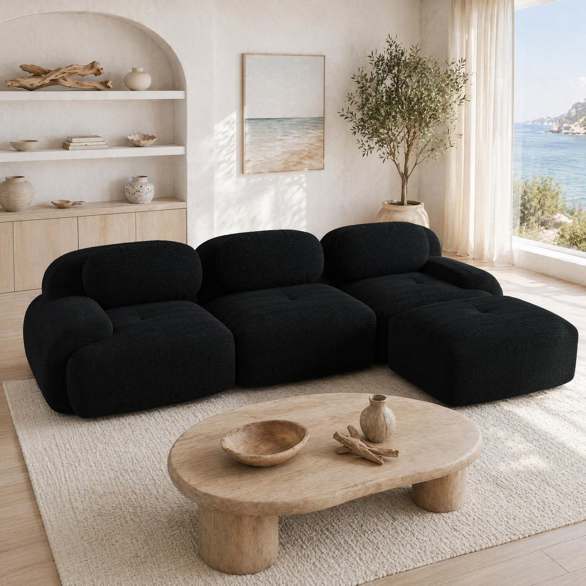 ECKSOFA in Schwarz aus Cord, modular, rahmenlos und montagefrei - Schwarz, Textil (178/298cm) - Flora Grace