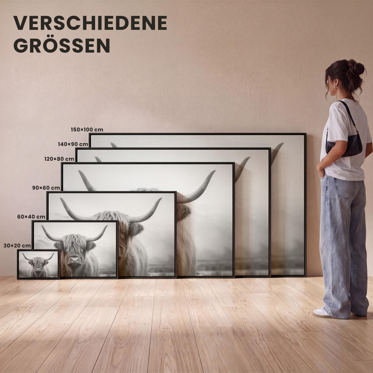 LEINWAND Bilder mit Rahmen - Schottischer Highlander - Nebel - Schwarz - Weiß - 150x100 - Grau, Textil (150/100cm) - MuchoWow