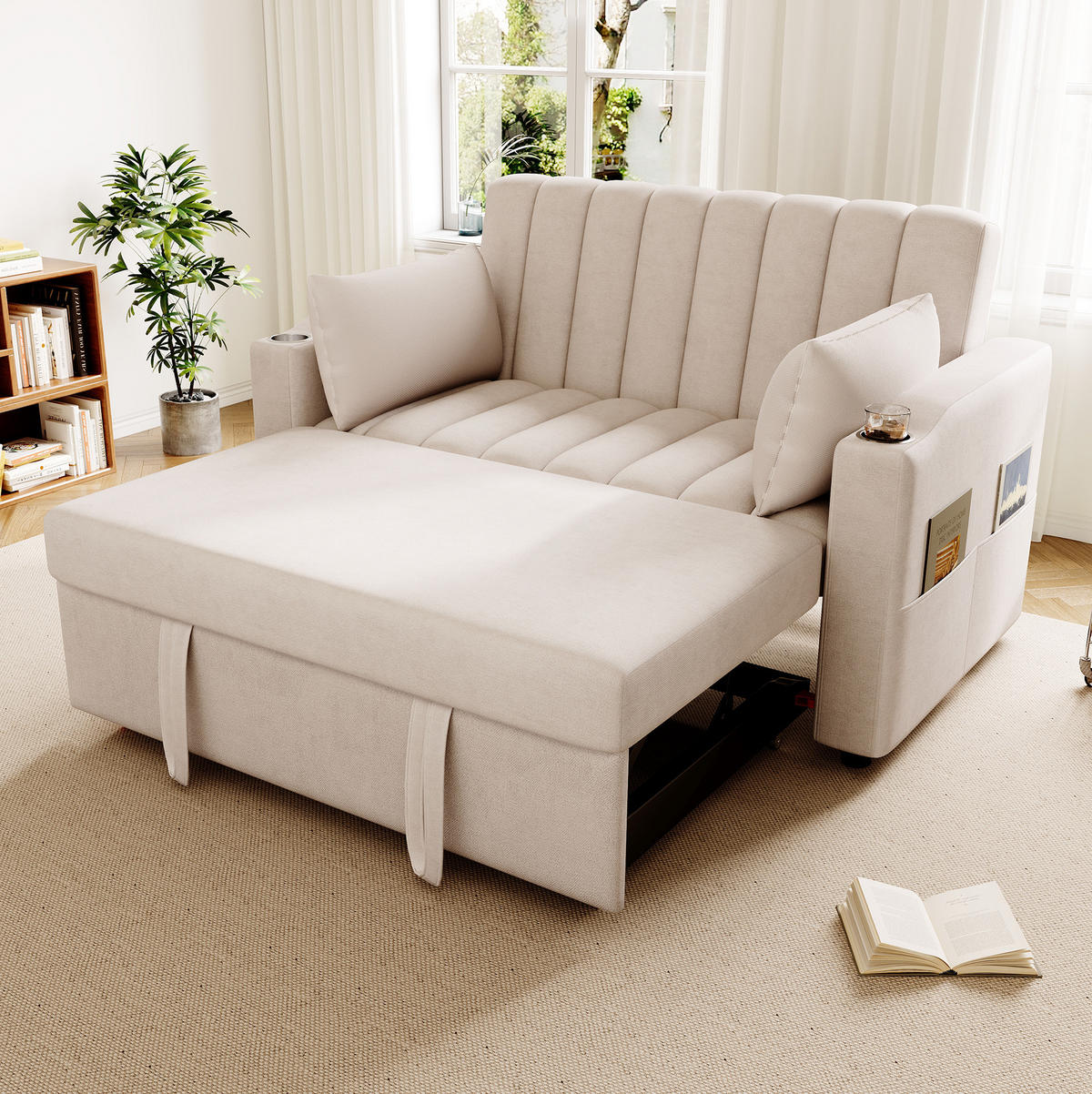 SCHLAFSOFA aus Baumwollstoff 136x162x84 cm Beige mit verstellbarer Rückenlehne, Getränkehaltern und Seitentaschen - Beige, Textil (162/84/136cm) - Modfu