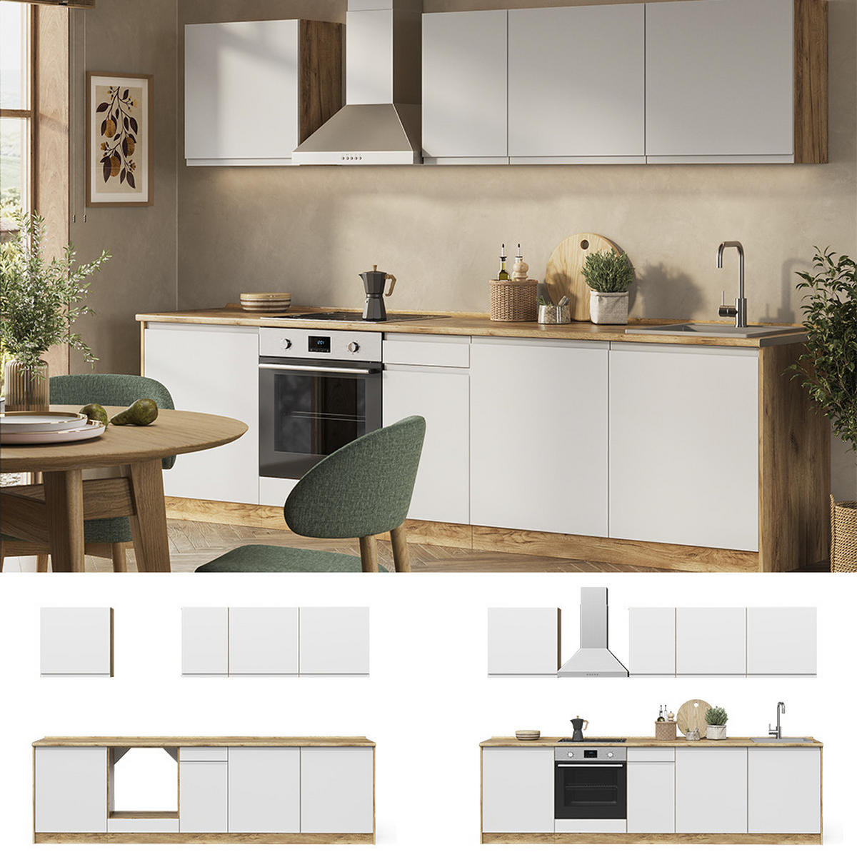 KÜCHENZEILE R-Line, Weiß/Goldkraft Eiche, 280 cm Arbeitsplatte Platin - Eichefarben/Weiß, Holzwerkstoff (280/206.8/60cm) - Vicco
