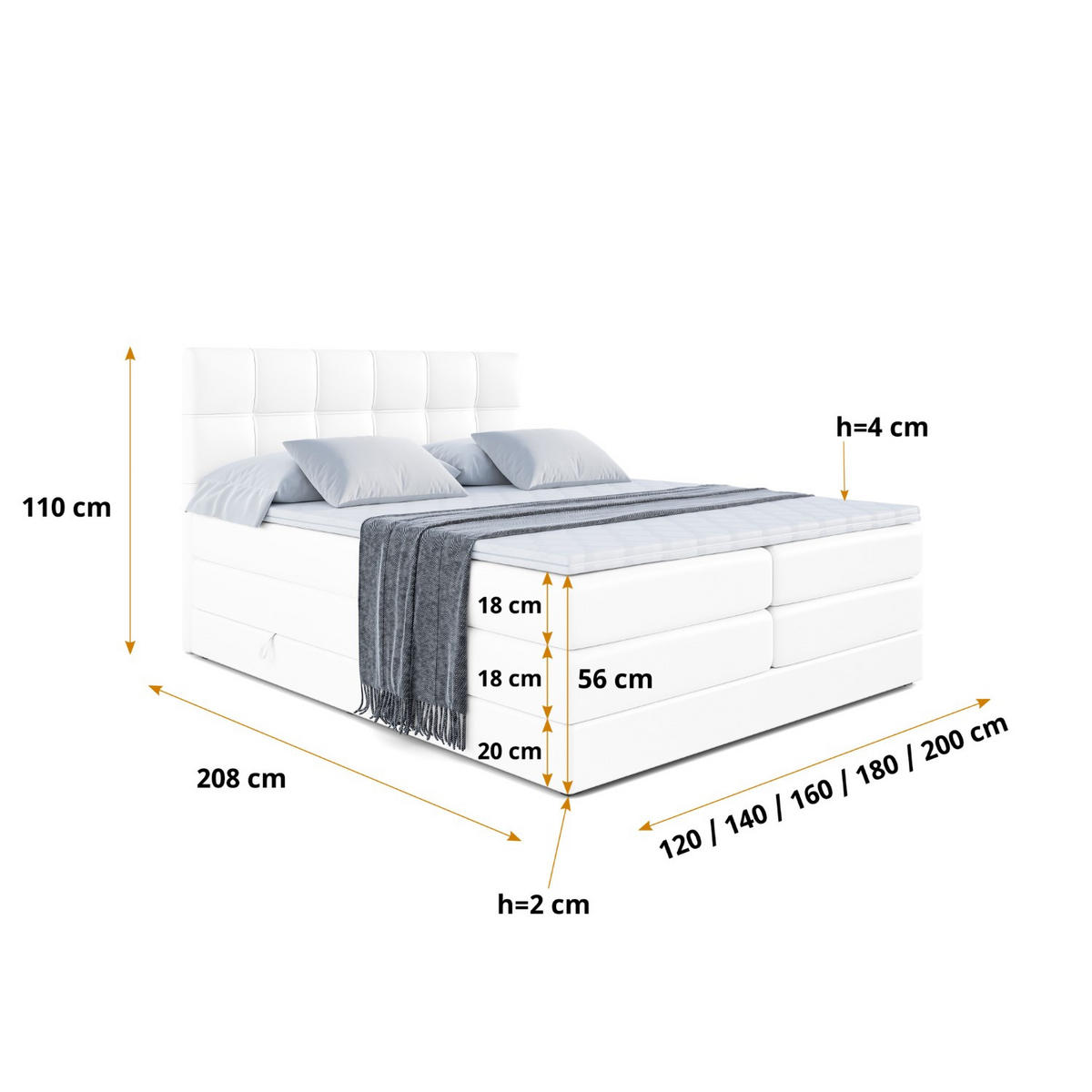 BOXSPRINGBETT MARCE KING - 160x200 - H3/H4 - Weiß Hochglanz - Weiß Hochglanz, Holzwerkstoff (160/200cm) - ALTDECOR