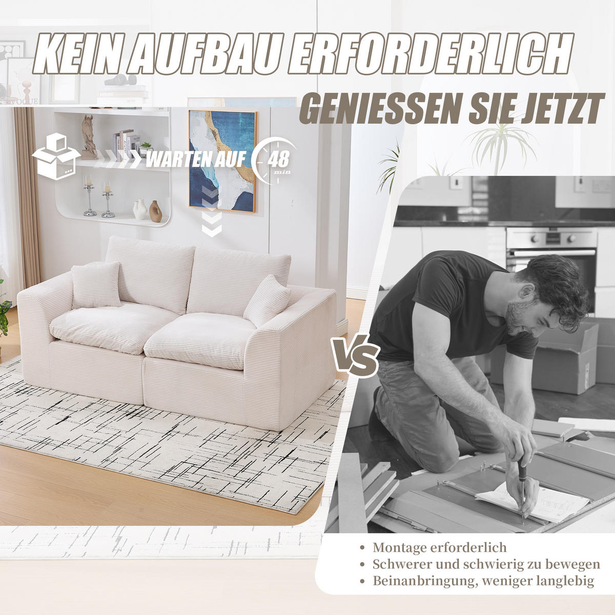 2-SITZER-SOFA XXL aus Cord mit Federkern-Polsterung Montagefrei - Beige, Textil (204/84/102cm) - Urban Meuble