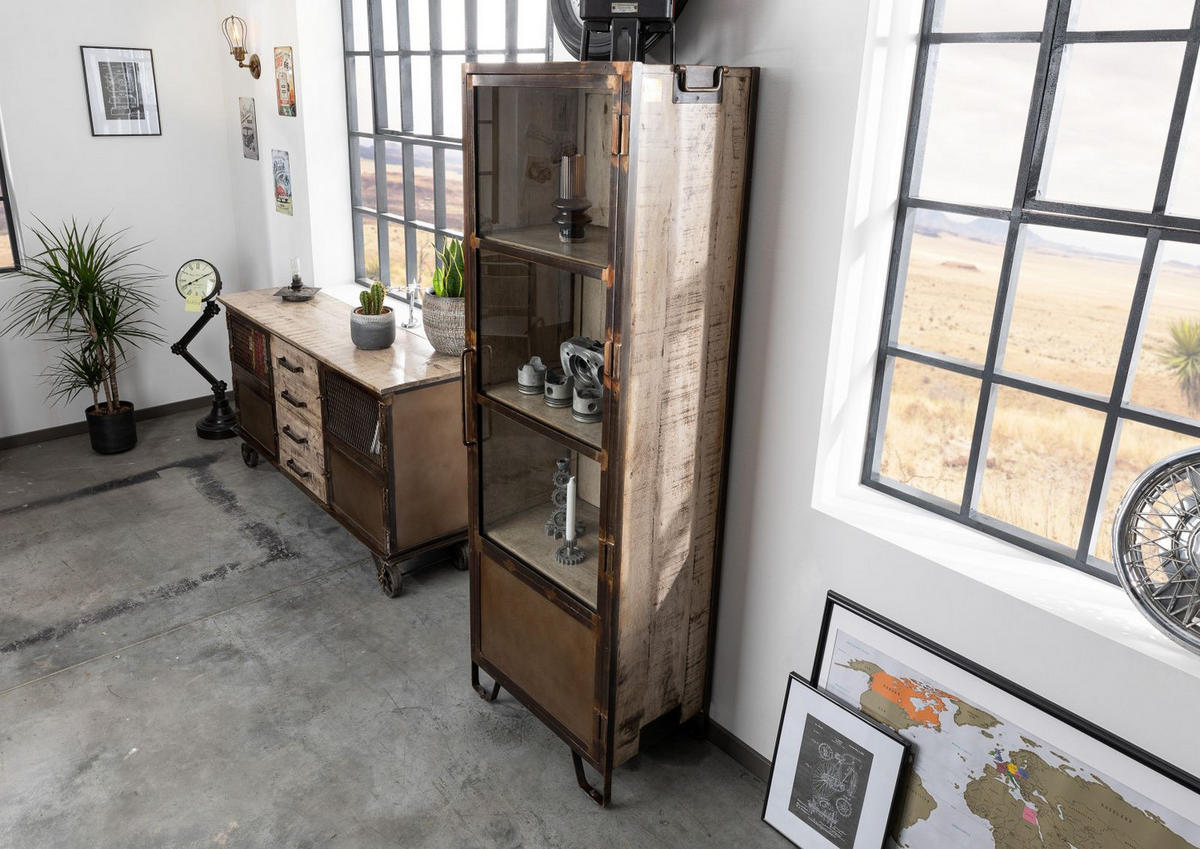 VITRINE Mango 60x40x180 braun lackiert HEAVY INDUSTRY #240 - Braun, Holz (60/180/40cm) - Massivmoebel24