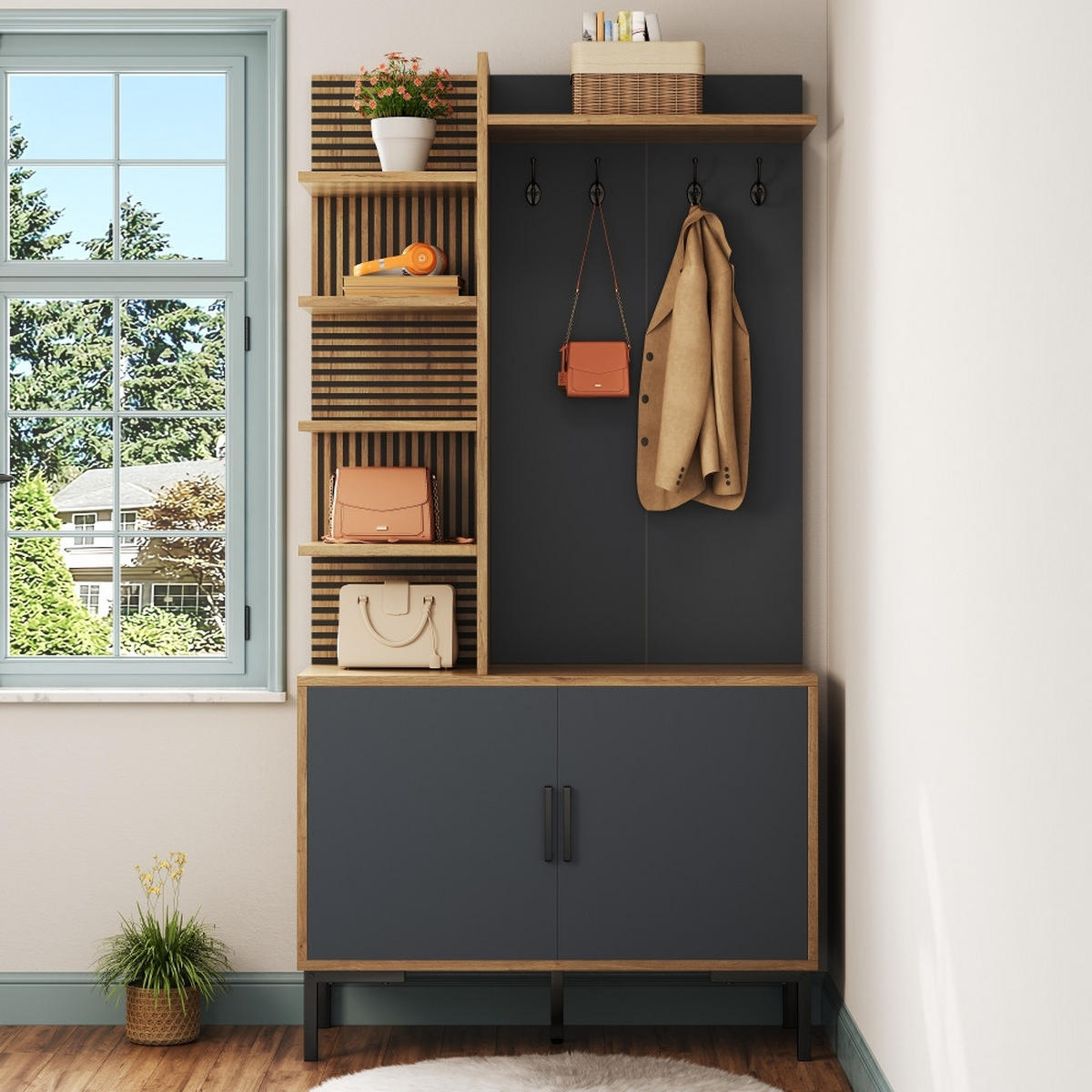 KÜCHENSCHRANK MIT SCHUHFACH UND HAKEN Holz/Schwarz Industrie-Look 100/190,5/40 cm - Naturfarben, Kunststoff (40/190.05/100cm) - Rolipo