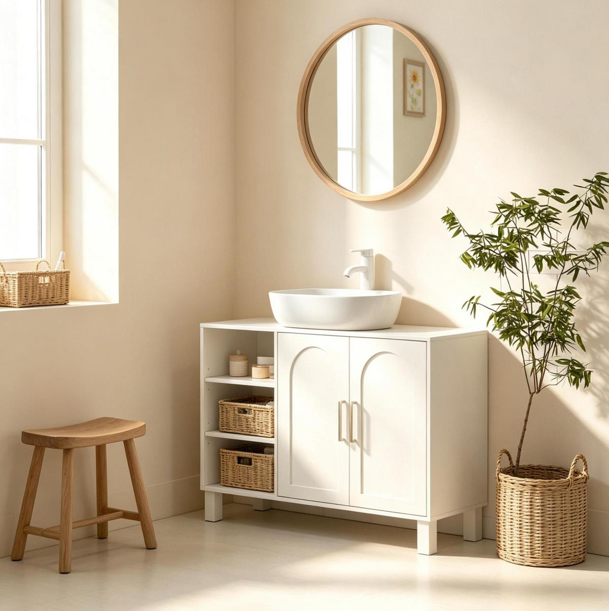BADEZIMMERSCHRANK MDF Spanplatte 90x30x63 cm Creme Waschtischunterschrank mit Stauraum und U-Schnitt - Creme, Holzwerkstoff (90/63/30cm) - Modfu