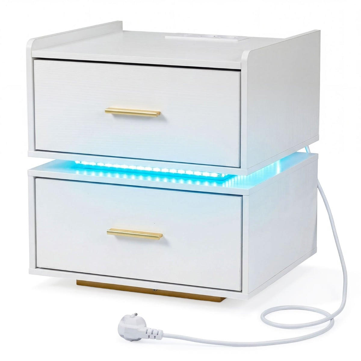 NACHTTISCH mit LED-Ladestation, 2 Schubladen, halb-schwebendes Design, Metallfuß, Schwarz/Weiß - Multicolor/Schwarz, Holzwerkstoff/Metall (45/48/40cm) - DESIGN IN