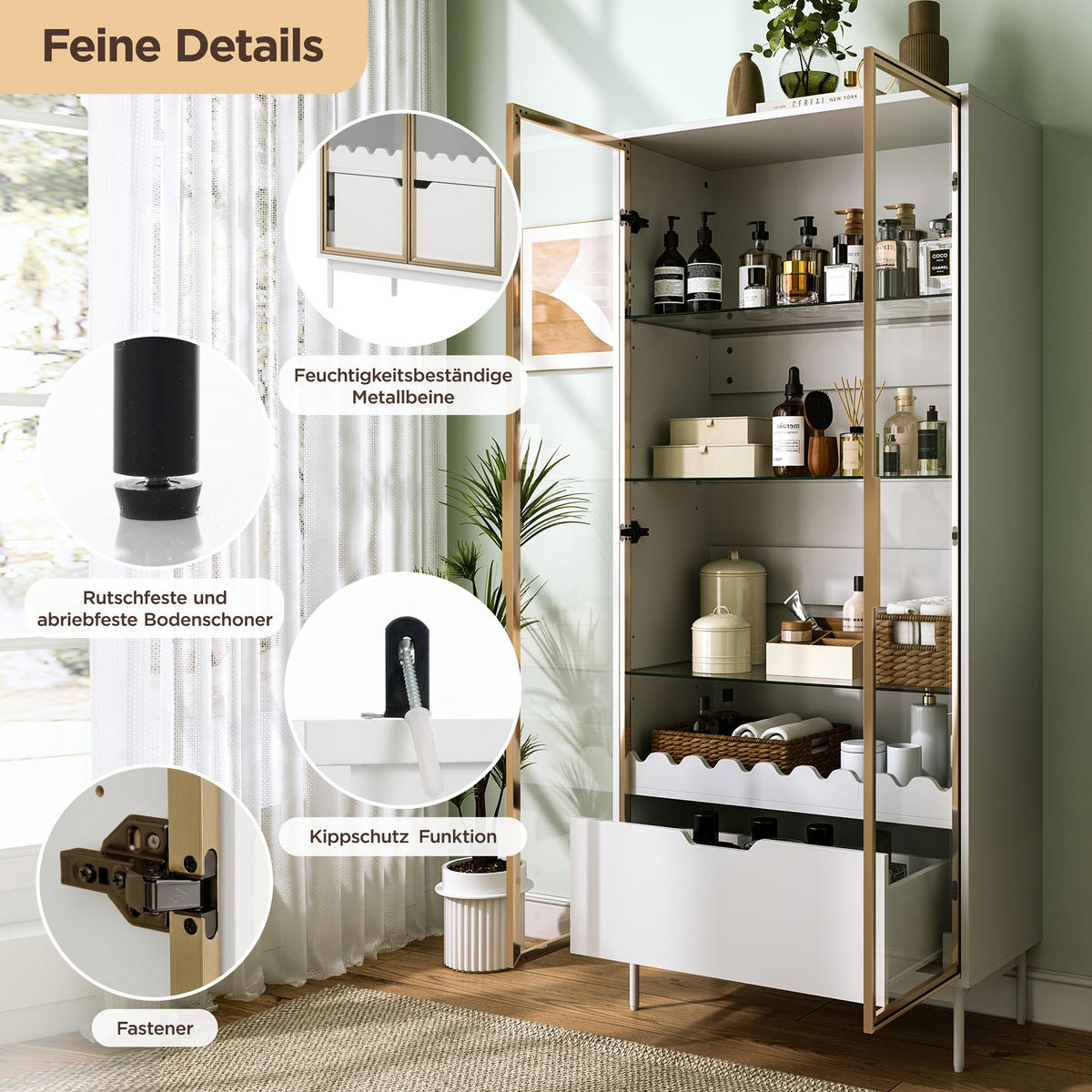 VITRINE in Weiß mit Glastür und Schublade für Wohnzimmer, B75/T35/H170,8 cm - Transparent/Weiß, Glas/Holzwerkstoff (75/170.8/35cm) - STILVORA