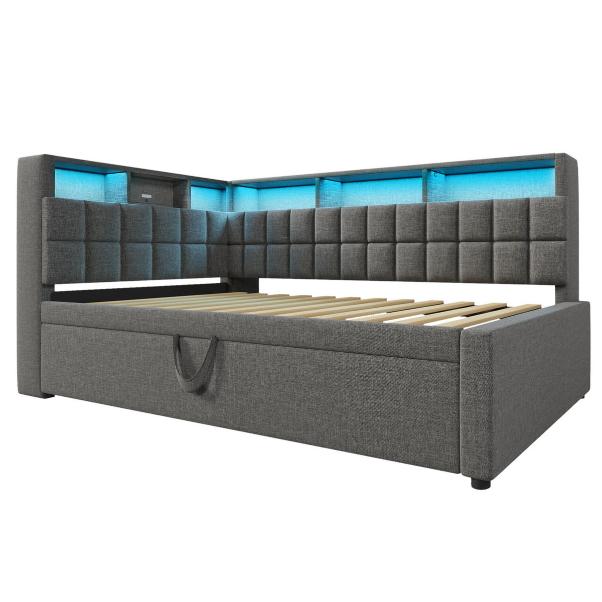 POLSTERBETT 90/200 cm aus Leinen mit Ausziehbett, LED, Bluetooth-Lautsprecher und USB-/USB-C-Anschluss, Grau - Grau, Textil (90/200cm) - Redom