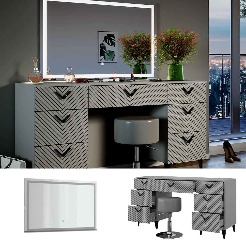 SCHMINKTISCH Anett Grau 150 cm mit LED Spiegel und Hocker - Grau, Holzwerkstoff (150/78.1/45cm) - Vicco