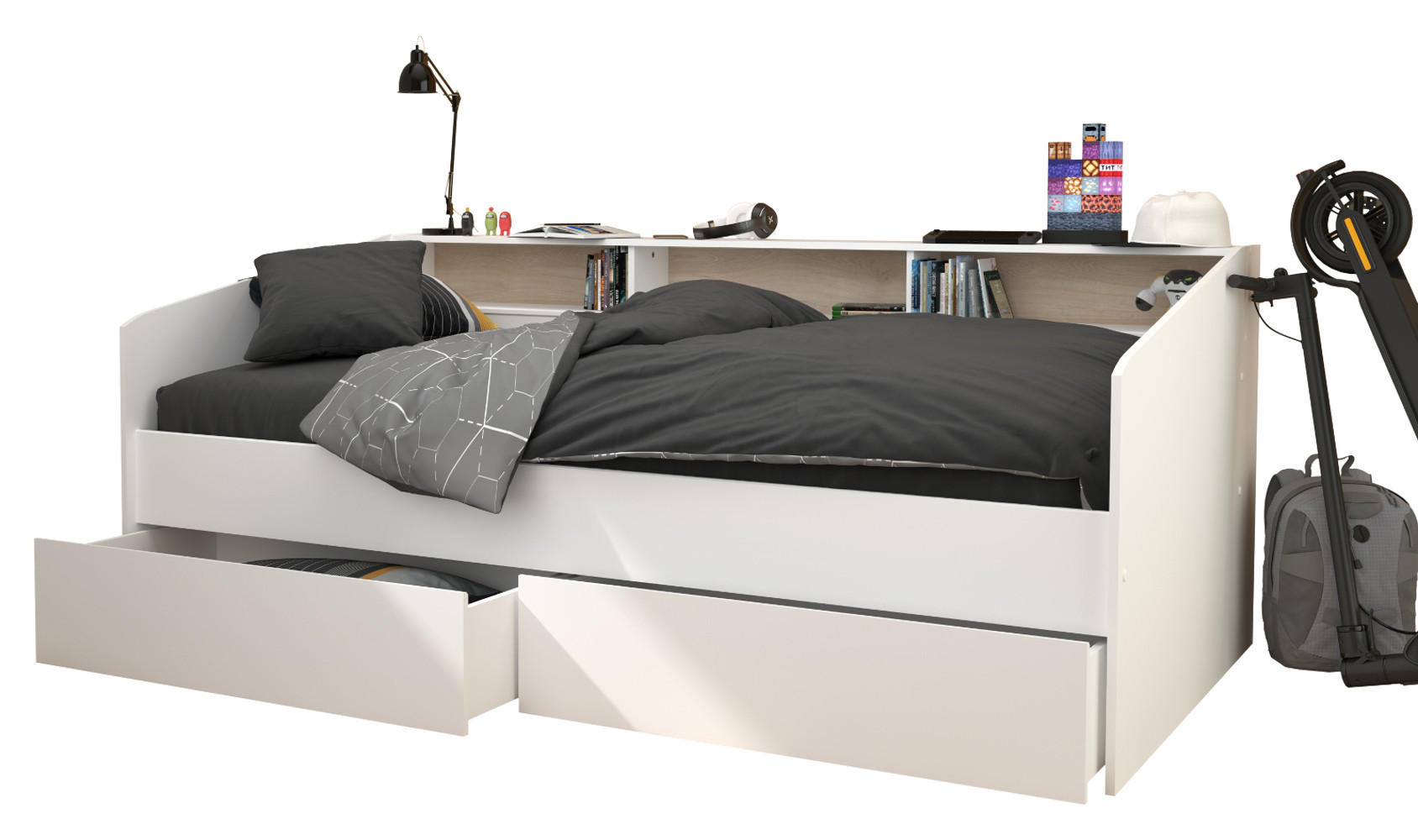 JUGENDBETT weiß, 90 x 200 cm Stauraumbett mit 2x Schubkasten - Weiß, Holz/Holzwerkstoff (90/200cm) - Parisot Meuble