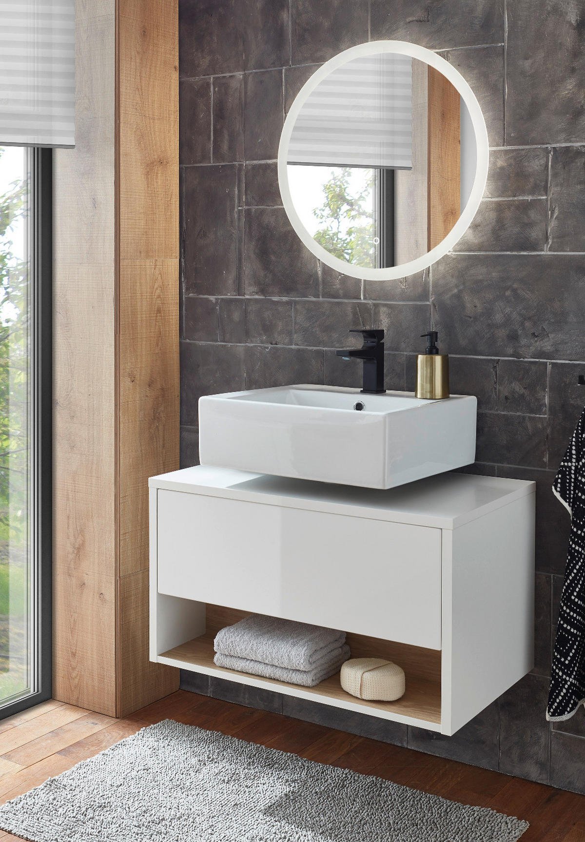 Badmöbel Set 2-teilig in weiß Hochglanz und Eiche mit LED Beleuchtung 80 x 190 cm Glide - Weiß Hochglanz/Eichefarben, Glas/Holzwerkstoff (80/190/46cm) - Furn.Design