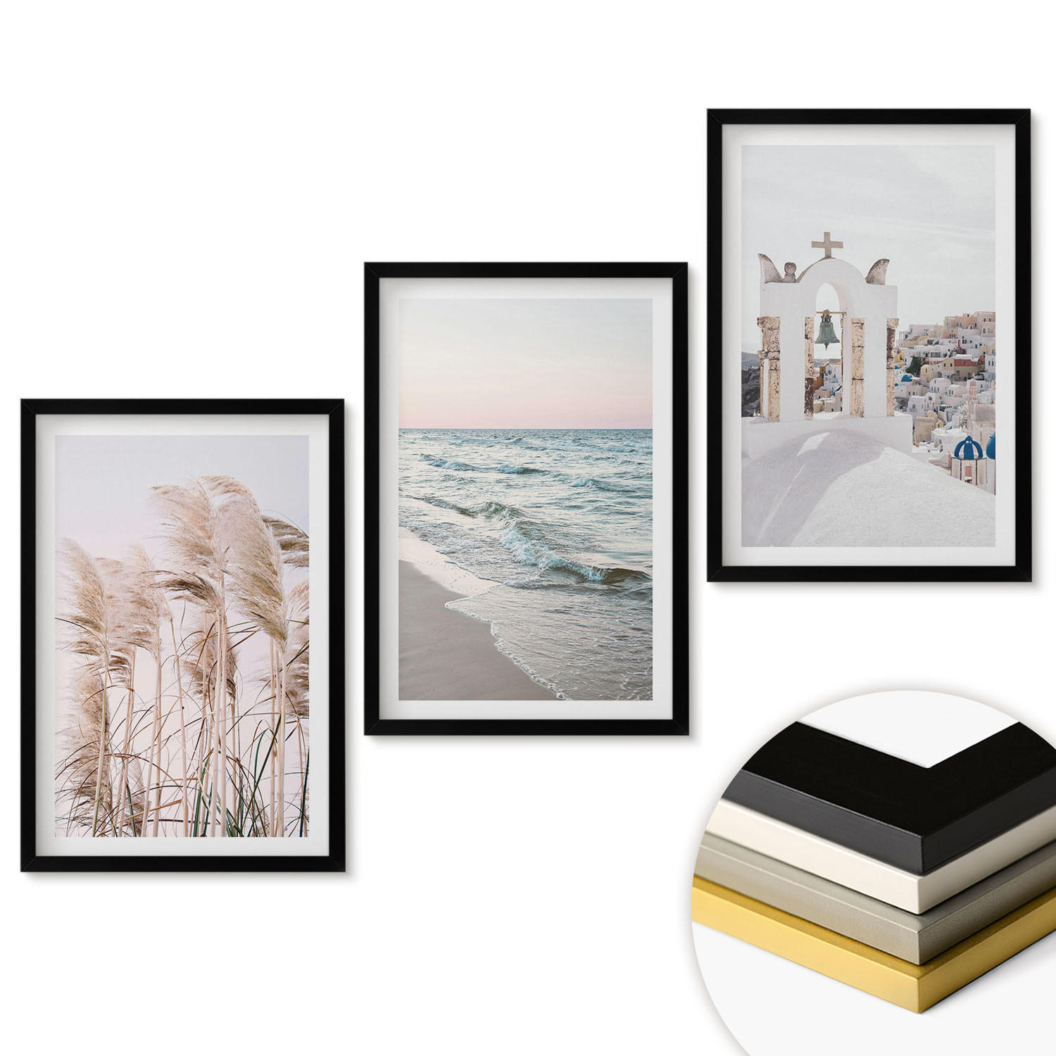 WANDBILDER 3er-Set - 40x60 cm Schwarzer Rahmen - Pflanzen, Meereswellen, Aussicht, Häuser - Schwarz, Kunststoff (40/60cm) - ArtPrintCave