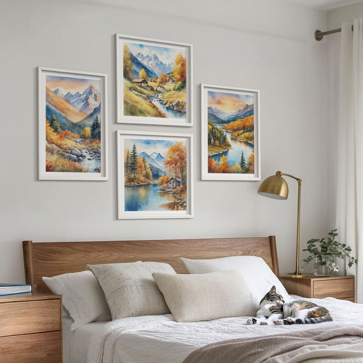 BILDER SET 4er Set - 50x50 cm & 40x60 cm Weißer Rahmen - Berglandschaft mit einem Fluss - Weiß, Kunststoff (50/50cm) - TULUP