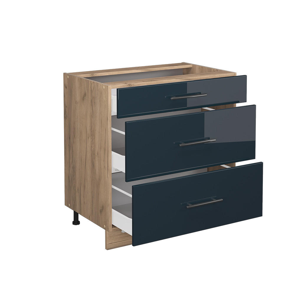 KÜCHENUNTERSCHRANK Fame-Line Dunkelblau Hochglanz 80 cm mit 3 Schubladen ohne AP - Honigeiche/Eiche Wotan, Holzwerkstoff (80/82/51.6cm) - Vicco