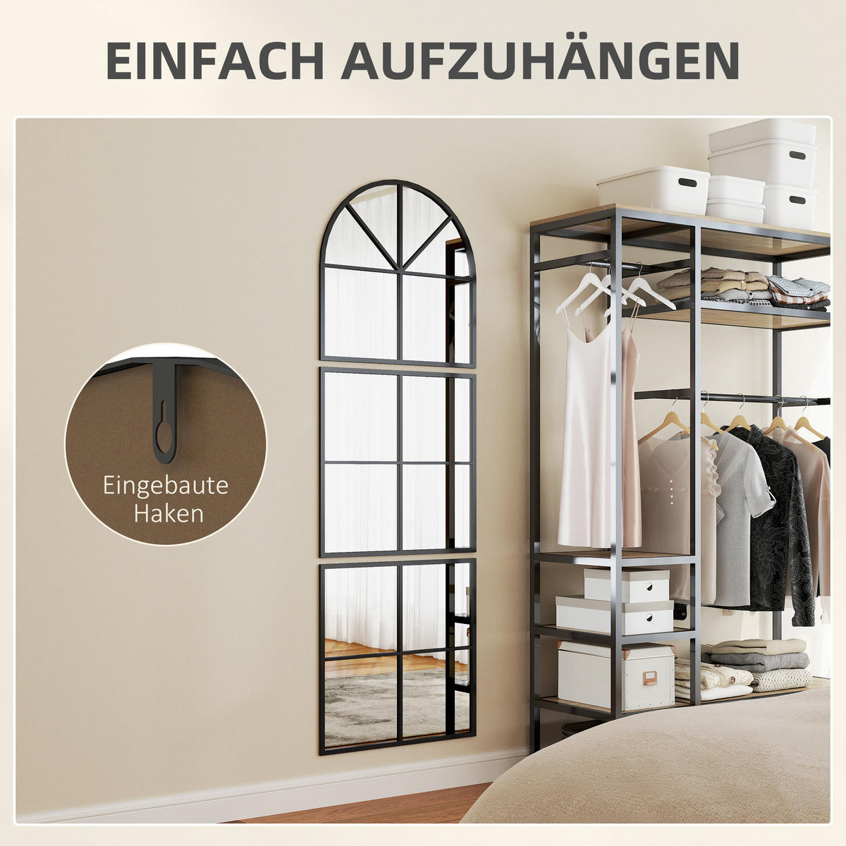 WANDSPIEGEL dreiteilig, bogenförmiger Spiegel mit Metallrahmen Hängespiegel - Schwarz, Glas (2/180/60cm) - HOMCOM