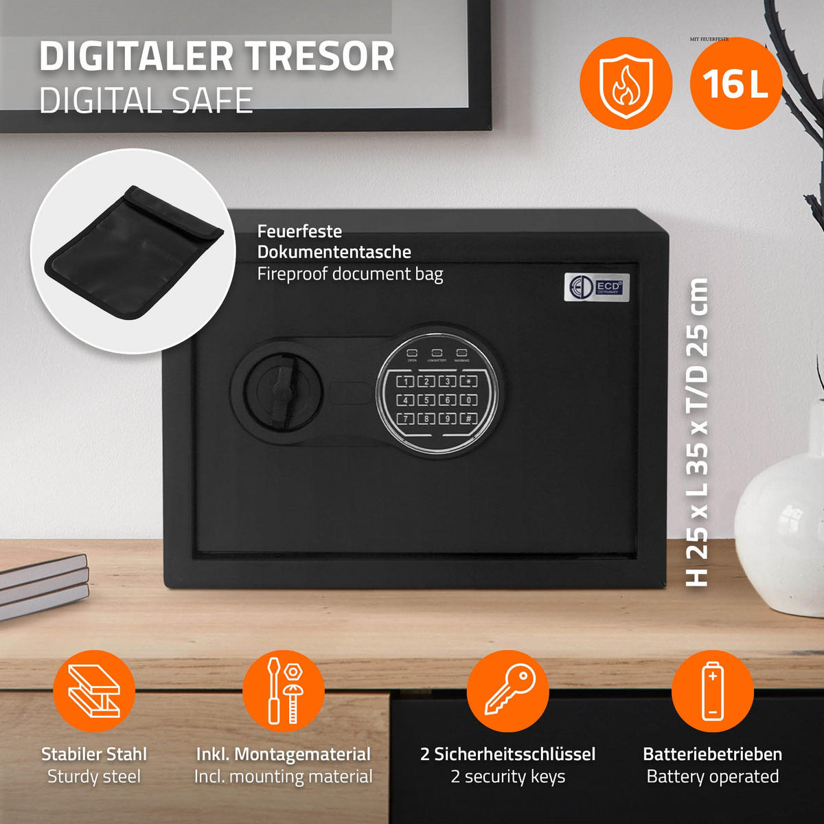 TRESOR 16L - Schwarz, Metall (25/25/35cm) - ECD-Germany