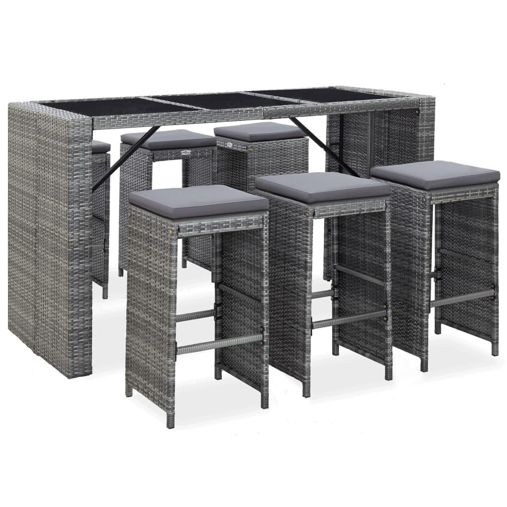 BARSET mit 6 Barstühle aus Poly Rattan, Grau, 7-teiliges Set - Grau, Kunststoff - vidaXL