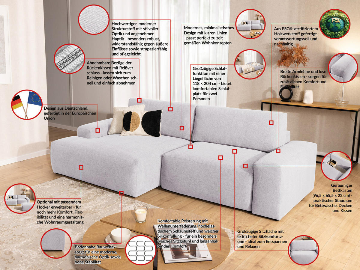 ECKSOFA Lennon aus Greige Strukturstoff mit Schlaffunktion und Bettkasten - Greige/Schwarz, Holz/Kunststoff (137/264cm) - S-Style