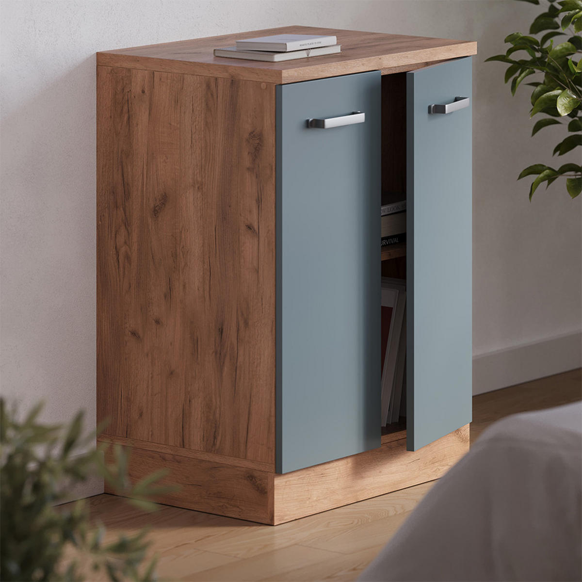 KUHINJSKA OMARA ZA POŠEVNE STREHE R-Line, Modro-siva, 60 cm brez naklona z 2 vrati - medeni hrast/modrosiva, leseni material (60/83.8/46cm) - Vicco