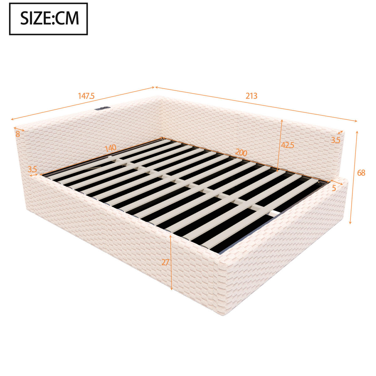 POLOHOVACÍ postel 140/200 cm béžová ze sametu s LED osvětlením a USB-C portem - béžová, kompozitní dřevo (140/200cm) - OKWISH