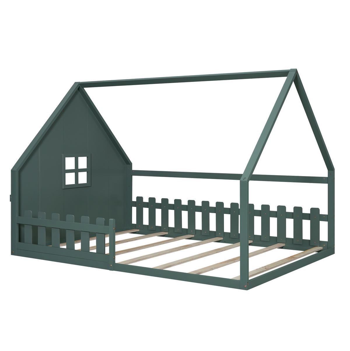 DJEČJI krevet 140/200 cm zeleni od borovine i MDF-a s kućastim okvirom i ogradom - zelena, drvo (140/200cm) - OKWISH