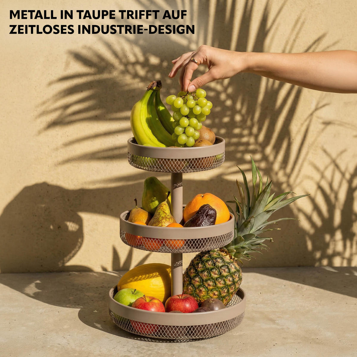 OBSTETAGERE rund, 3-stöckig, Ø 20 cm, 25 cm und 30 cm, taupe, Metall - Taupe, Metall (42cm) - eluno