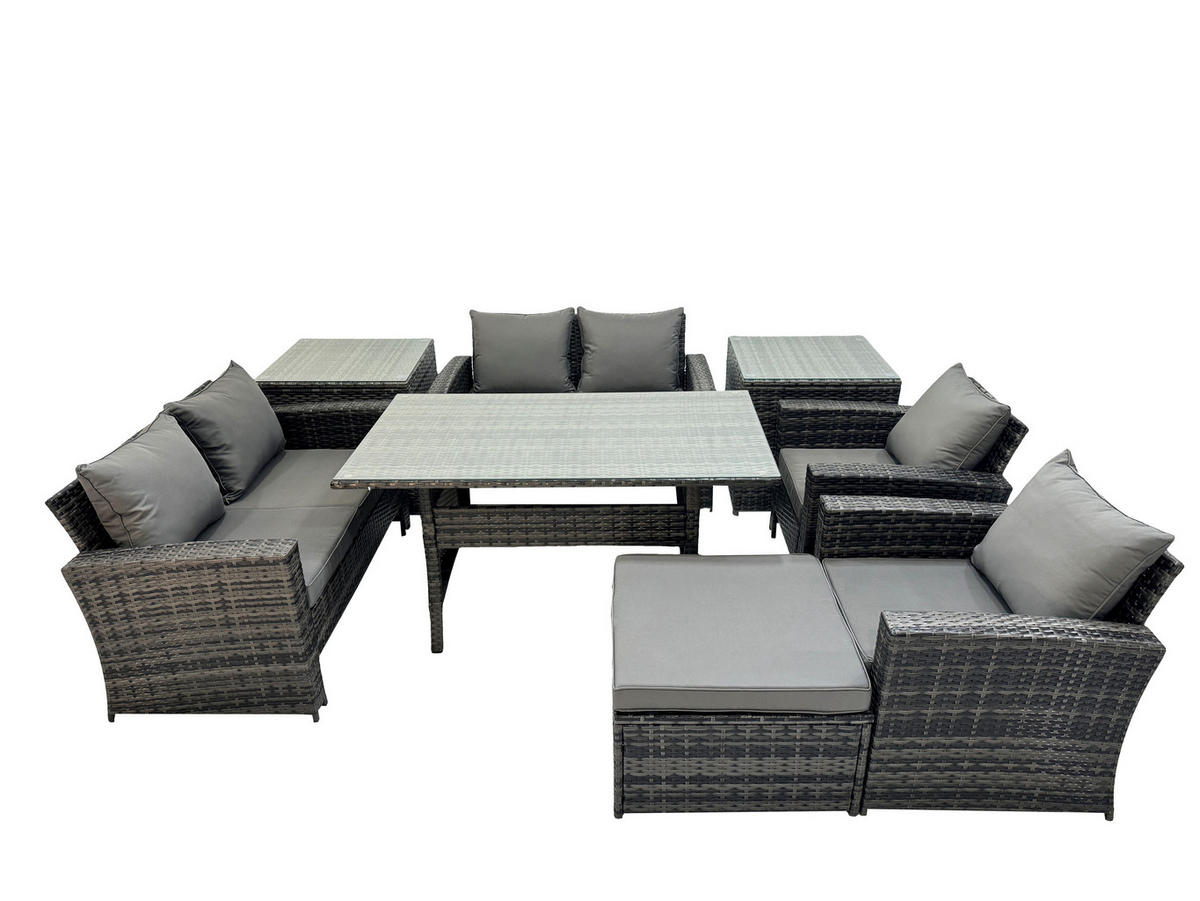 GARTENMÖBELSET mit 2 Sesseln,2 Zweisitzer,Fußhocker,Esstisch,2 Beistelltischen Polyrattan Dunkelgrau 7-Sitzer - Dunkelgrau/Grau, Glas/Kunststoff - Fimous