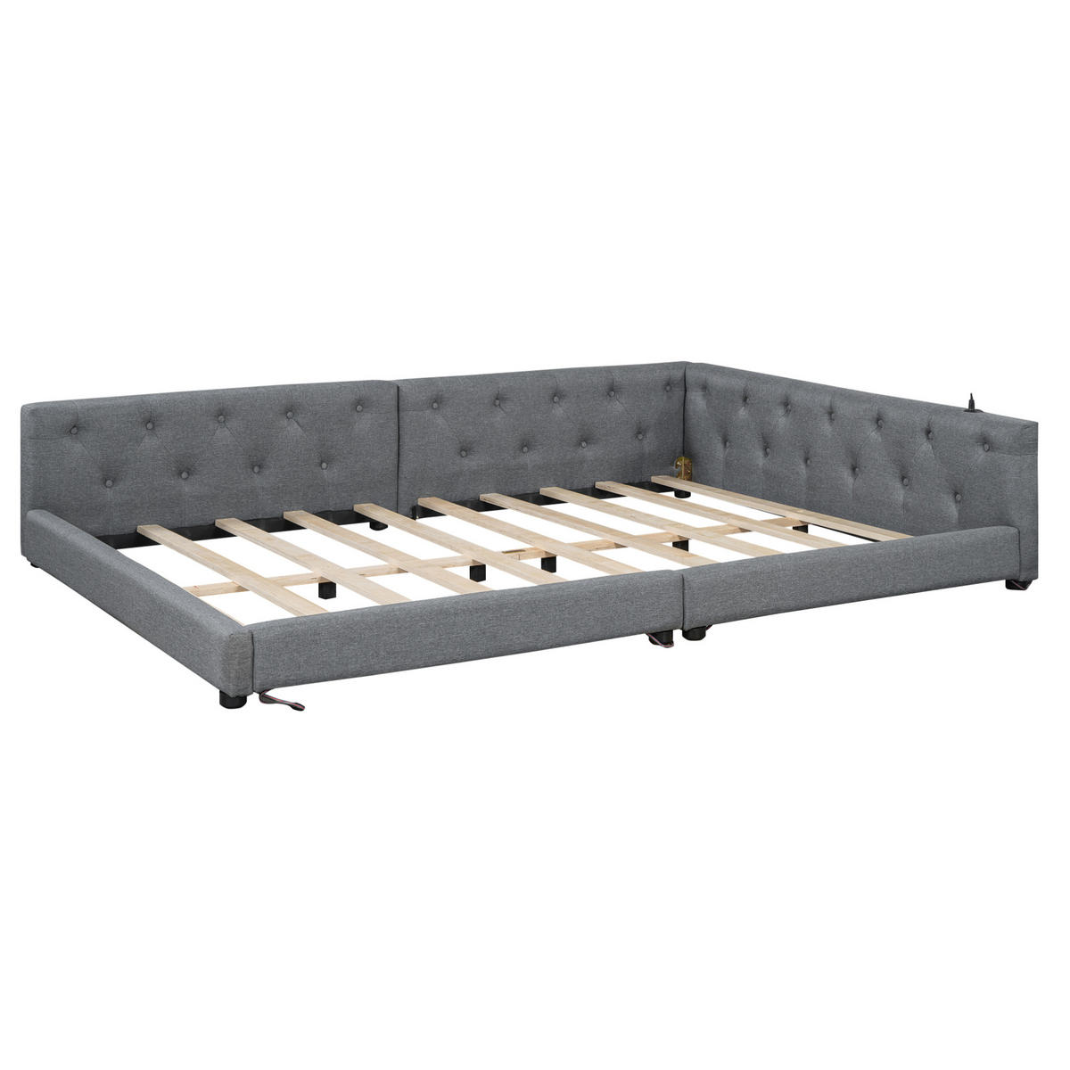 POLSTERBETT aus Leinen und MDF 140x200 cm Grau mit LED-Beleuchtung, USB- und Type-C-Anschluss, Knopfheftung - Grau, Textil (140/200cm) - Modfu