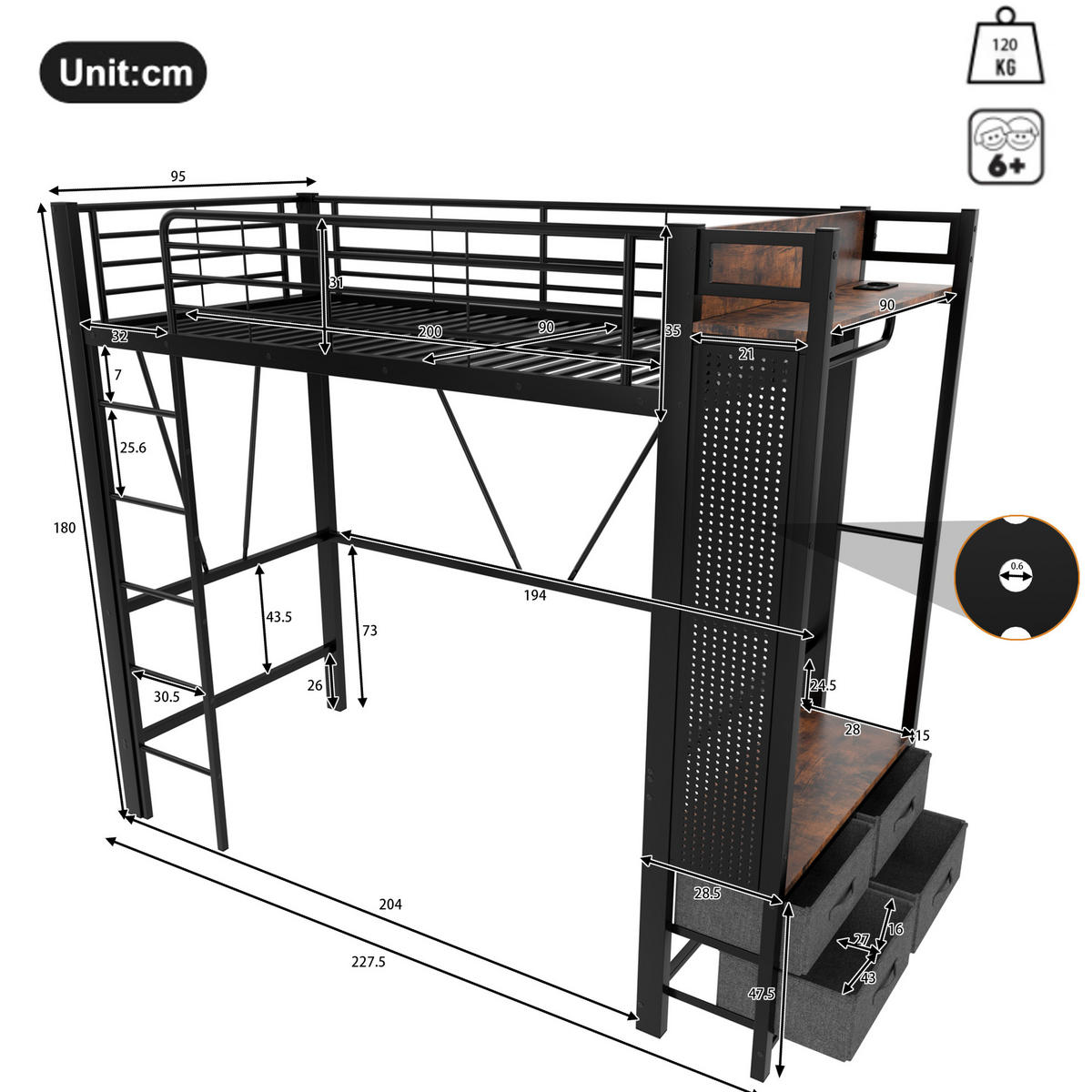 HOCHBETT 90/200 cm aus Metall mit 4 Schubladen, LED-Beleuchtung und USB-Anschlüssen - Schwarz, Metall (90/200cm) - Flora Grace