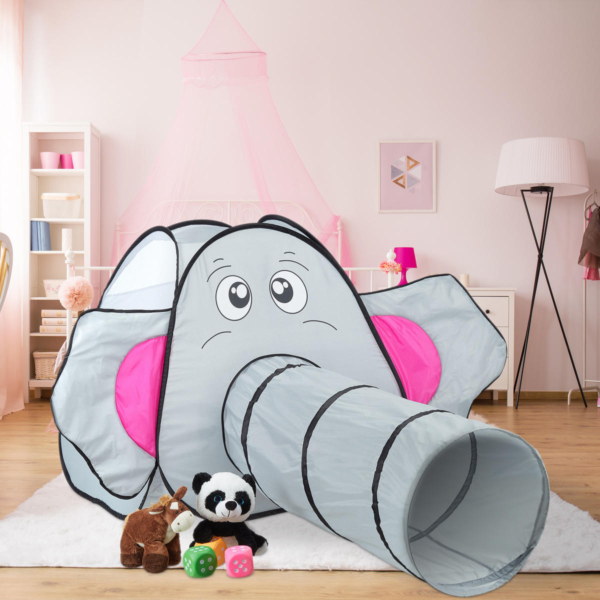 SPIELZELT Grau Pop-Up Elefant - Grau, Textil/Metall (155/200cm) - Relaxdays