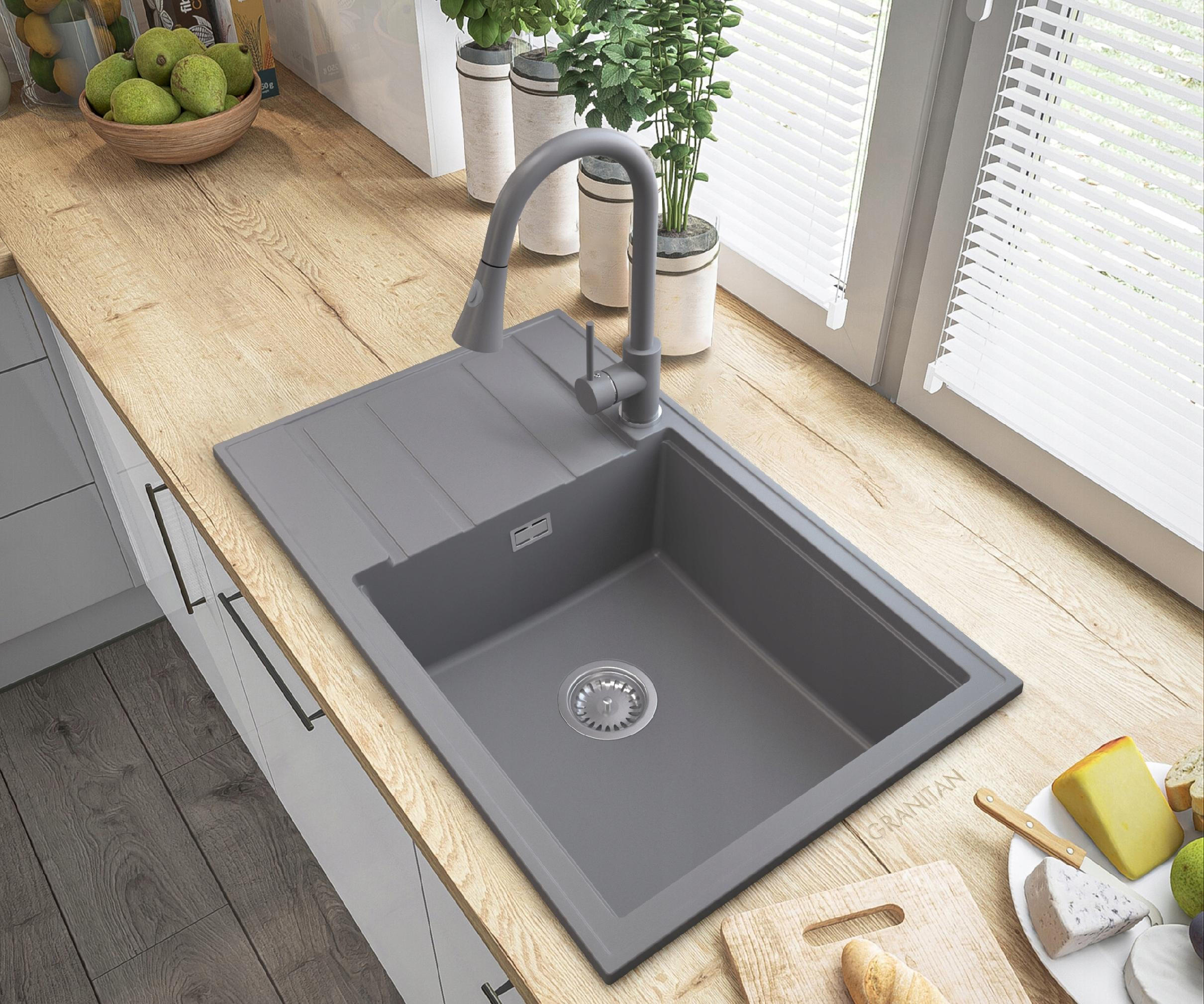 GRANITSPÜLE Louis mit Batterie Siphon - Grau, Kunststoff/Stein (80/50/20cm) - Granitan