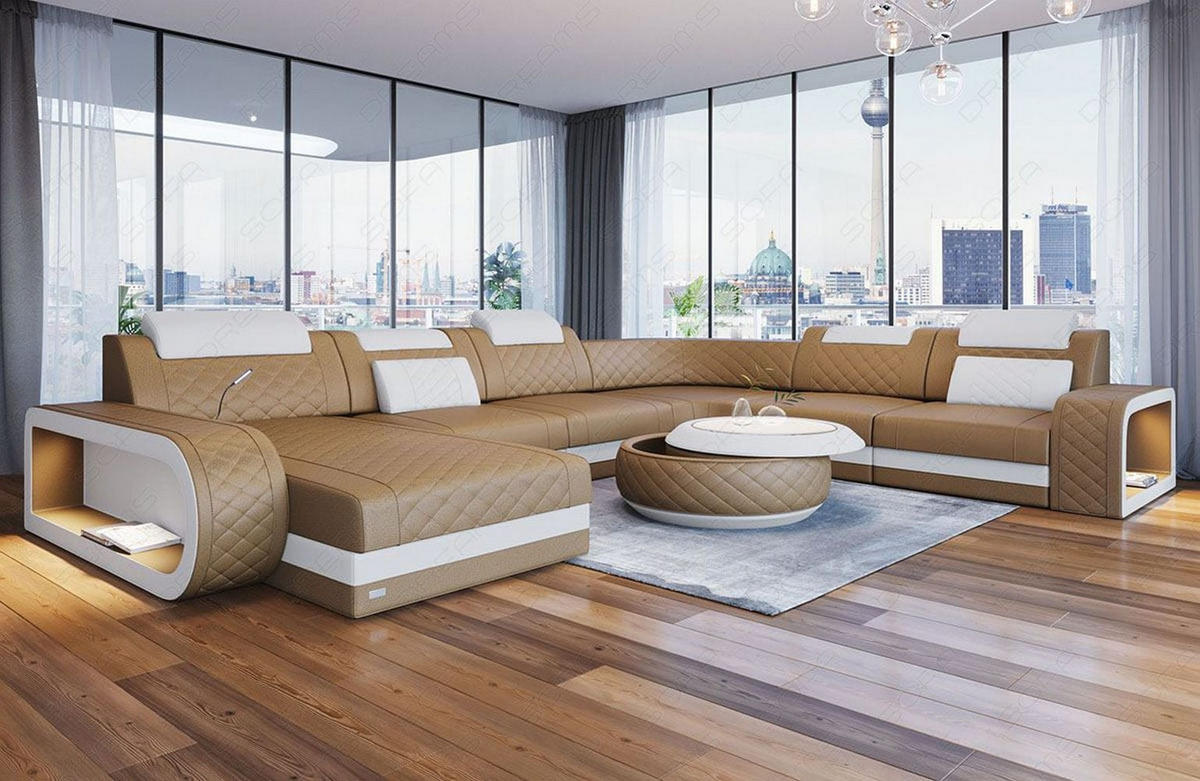 WOHNLANDSCHAFT Berlin U-Form Mini Sandbeige Weiß Kunstleder - Sandfarben, Textil (362/80/264cm)