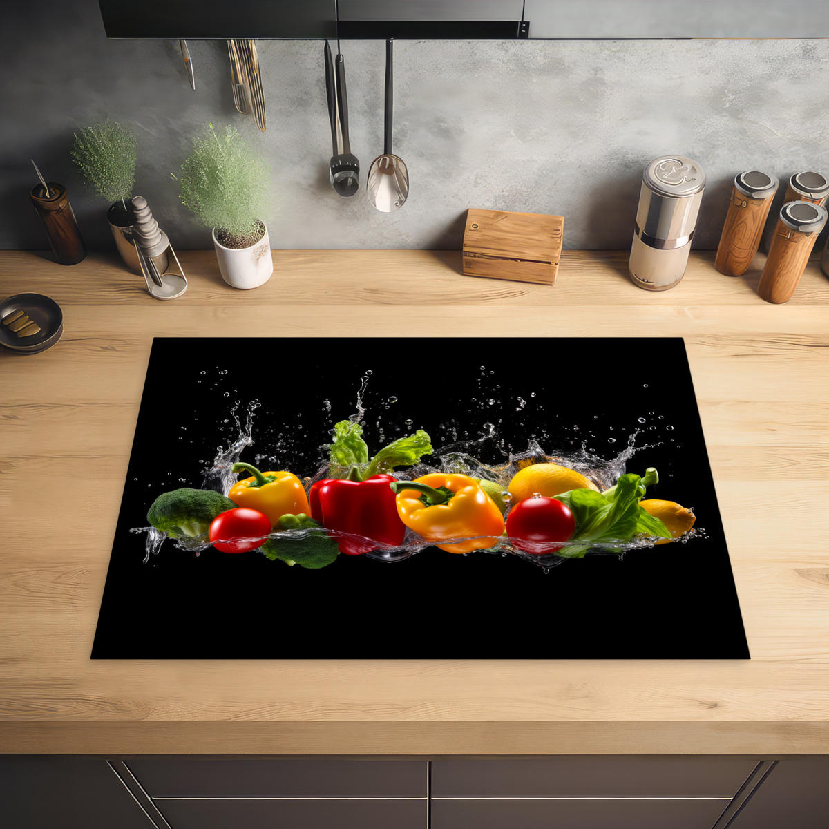 HERDABDECKPLATTE Paprika - Wasser - Gemüse - Schwarz 75x52 cm - Multicolor, Kunststoff (75/0.2/52cm) - MuchoWow