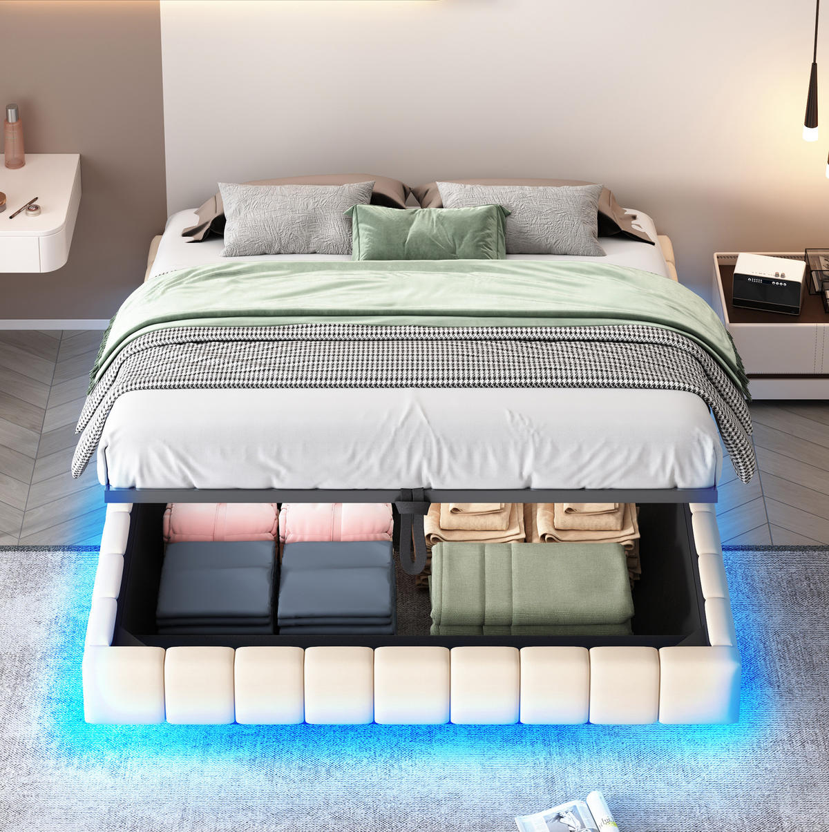 POLSTERBETT mit Stauraum 160x200 cm Beige aus Leinen mit LED-Beleuchtung - Beige, Textil (160/200cm) - IVMEU