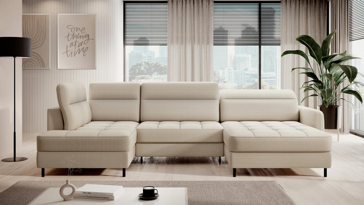 WOHNLANDSCHAFT mit Schlaffunktion und Bettkasten, verstellbare Kopflehnen - Beige/Schwarz, Textil/Metall (165/100/306cm) - Eltap