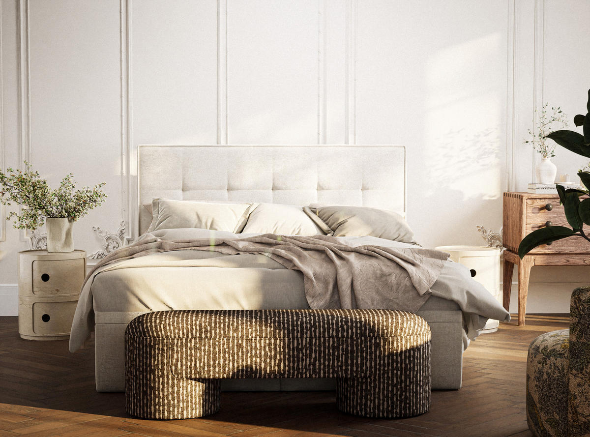 BOXBETT 200/200 cm Comfrey, in Creme, Matratze, gepolstertes Kopfteil, Bettkasten, H3 = fest - Creme/Schwarz, Holz/Holzwerkstoff (200/200cm) - Maison de Reve