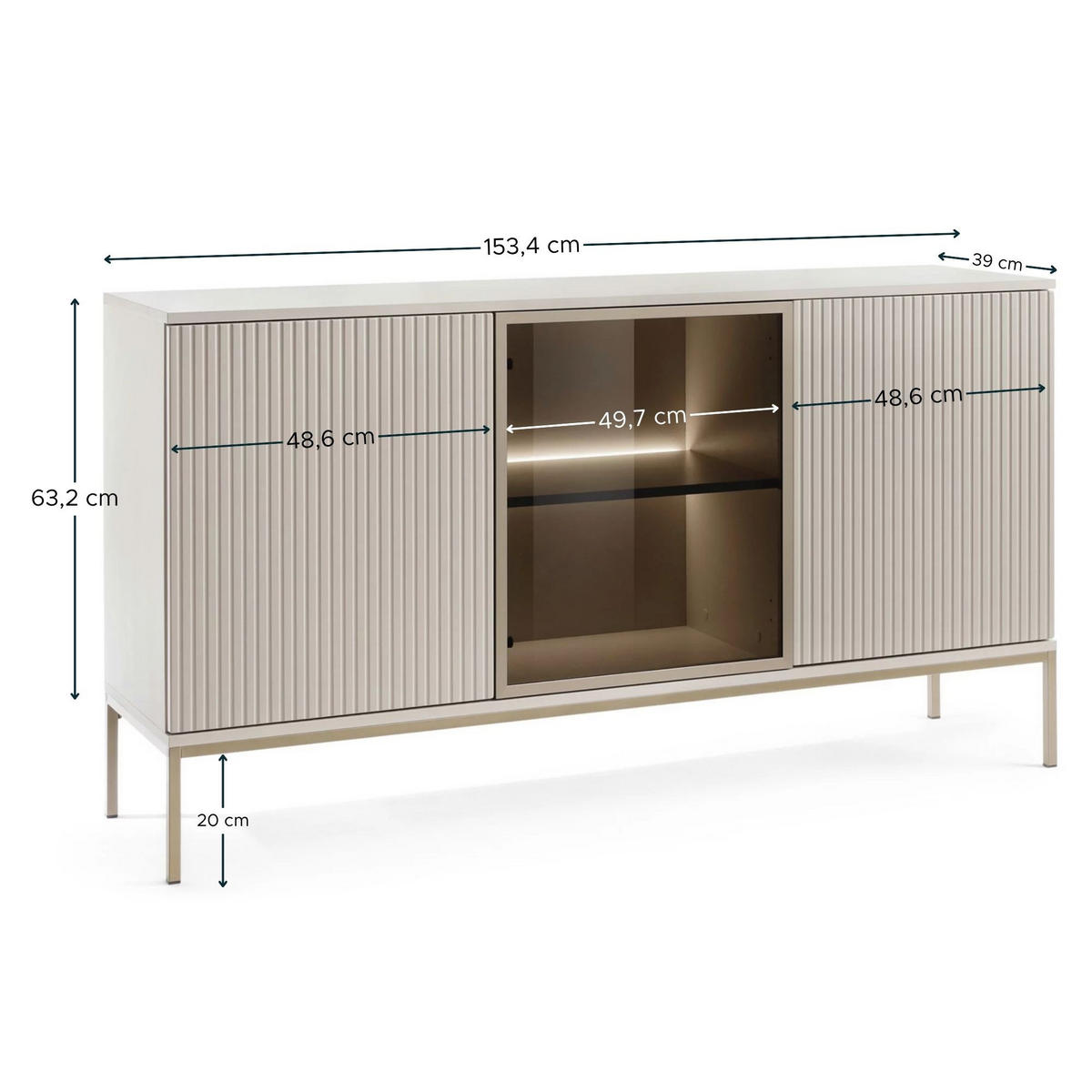 SIDEBOARD Laval K154 – Kaschmir mit Lamellen - Kaschmir, Glas/Holzwerkstoff (154/83/39cm) - Komodee